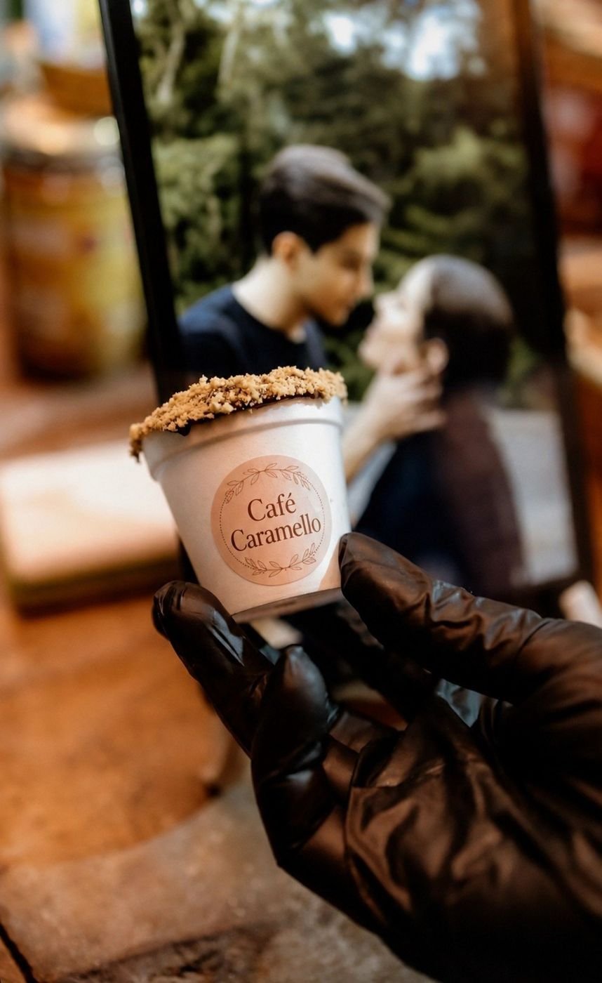 Café Caramello servido em um casamento, com os noivos ao fundo